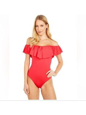 Trina Turk women's 6 red Monaco Off the shoulder ruffle one piece swimsuit NWT